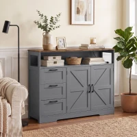 HOMCOM Sideboard Cabinet with Power Outlet, Farmhouse Kitchen Cabinet with 3 Drawers and Open Shelf, Grey(m-9)