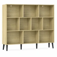 HOMCOM 10-Cube Bookcase, 3-Tier Book Shelf with Solid Wood Legs, 140 cm Modern Bookshelf with Anti-Tip Kit, Oak(m-1)