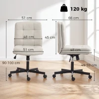 HOMCOM Bureaustoel zonder armleuningen, bureau- en kaptafelstoel in linnenlook, met dubbellaagse vulling en kantelfunctie, lichtgrijs(m-3)