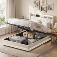 HOMCOM 4ft6 Double Bed Frame with Headboard, Platform Bed Frame with Hydraulic Storage, LED Lights and Charging Station, Cream(m-9)