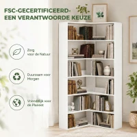 HOMCOM Boekenkast met 7 Lagen, L-vormig Hoekrek met Anti-slip Achterwand, Wit met Houtlook(m-8)