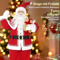HOMCOM Lebensgroßer singender Weihnachtsmann 150 cm, animierte Musikfigur mit drehendem Kopf, winkender Hand und Geschenk(m-4)