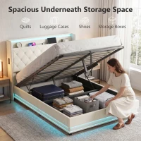 HOMCOM 4ft6 Double Bed Frame with Headboard, Platform Bed Frame with Hydraulic Storage, LED Lights and Charging Station, Cream(m-4)