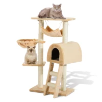 PawHut Árbol para Gatos Rascador 55x30x100 cm con Poste para Arañar Nido Cesta Hamaca Plataforma Caseta y Escalera de Terciopelo y Sisal Natural Beige(m-10)