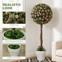 HOMCOM Set of 2 Decorative Artificial Plants, Ball Topiary Tree with Rose Flower in Pot, Fake Plants for Home Indoor Outdoor Decor, 60cm, Pink(m-4)