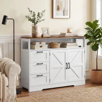 HOMCOM Sideboard Cabinet with Power Outlet, Farmhouse Kitchen Cabinet with 3 Drawers and Open Shelf, White(m-9)
