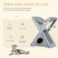 PawHut Árbol Rascador para Gatos 54,5x32x65 cm Plegable con Cueva Hamaca Alfombrilla Rascadora de Sisal Bolas Colgantes para Espacios Reducidos Juego y Descanso Gris(m-4)