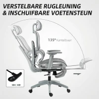 HOMCOM Bureaustoel, ergonomische bureaustoel met mesh-bekleding, verstelbaar, verrijdbaar, met armleuningen, hoofdsteun, grijs(m-6)
