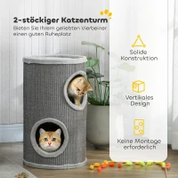 PawHut Krabton, Ø35 x 60 cm, tweelaagse kattenmeubel met 2 holletjes, pluche rand, voor 1-2 katten tot 5 kg, Lichtgrijs(m-4)