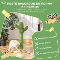 PawHut Poste Rascador para Gatos en Forma de Cactus Pequeño Árbol Rascador para Gatos con Poste de Sisal y Felpa Pelota Colgante y Base con Juego de Madera 32x32x60 cm Verde(m-4)