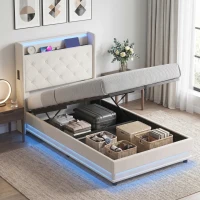 HOMCOM 3ft Single Bed Frame with Headboard, Platform Bed Frame with Hydraulic Storage, LED Lights and Charging Station, White(m-14)