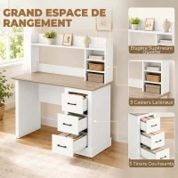 HOMCOM Bureau Informatique avec 3 Tiroirs, 120x55cm, Bureau avec Rangement, Étagères Ouvertes et Large Plateau, Chêne et Blanc(m-4)