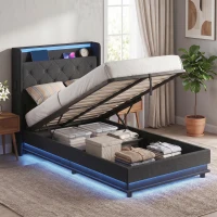 HOMCOM 3ft Single Bed Frame with Headboard, Platform Bed Frame with Hydraulic Storage, LED Lights and Charging Station, Black(m-2)