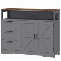 HOMCOM Sideboard Cabinet with Power Outlet, Farmhouse Kitchen Cabinet with 3 Drawers and Open Shelf, Grey(m-1)