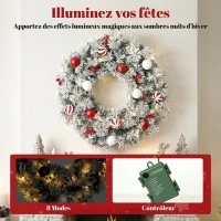 HOMCOM Couronne de Noël Lumineuse 60 cm Enneigée Floquée avec 50 LED, 15 Boules Décoratives, 140 Branches, 8 Modes, Vert(m-5)