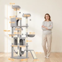 PawHut Copac de zgâriat pentru pisici cu scară, 2 hamace, 3 platforme, 2 căsuțe și 3 locuri de odihnă, 48x48x192 cm, Gri și Crem(m-3)