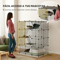 PawHut Jaula Grande para Gatos Interior 49 Paneles de 4 Niveles 5 Puertas 3 Plataformas Rampas Hamaca DIY 105x70x140 cm Negro(m-6)