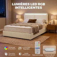 HOMCOM Lit Coffre 160 x 200 cm, LED RGB, Tête Réglable, Cadre de Lit Double Rembourré Velours, Rangement Hydraulique, Crème(m-5)