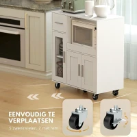 HOMCOM Keukenkast op wielen, mobiele keukencommode met planken, lades, verstelbare plank, kabelopening, wit(m-7)