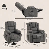 HOMCOM Fotoliu electric cu funcție de ridicare, masaj și încălzire, fotoliu relax pentru seniori, cu arcuri pocket, Gri(m-3)
