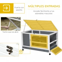 PawHut Conejera de Madera Caseta de Interior para Mascotas Pequeñas 2 Pisos con Ruedas Bandeja Extraíble Rampa 102x60x63,5 cm Gris Blanco(m-5)