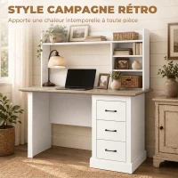 HOMCOM Bureau Informatique avec 3 Tiroirs, 120x55cm, Bureau avec Rangement, Étagères Ouvertes et Large Plateau, Chêne et Blanc(m-7)