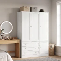 HOMCOM Armoire Chambre Penderie avec 4 Portes, 3 Tiroirs, Barre de Suspension et Étagère Réglable, 120 x 50 x 176,5 cm, Blanc(m-9)