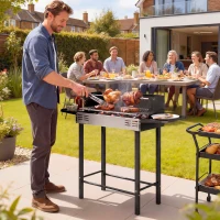 Outsunny BBQ Rotisserie Grill Roaster Charcoal Spit Roasting Machine for Chicken Turkey with 3-Level Grill Grate, Side Shelves(m-9)