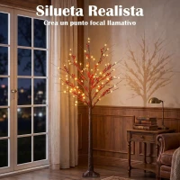 HOMCOM Árbol de Abedul Artificial 150 cm con 96 Luces LED Blanco Cálido Bayas Rojas Temporizador y 12 Ramas Flexibles Marrón(m-5)