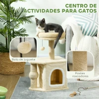 PawHut Árbol para Gatos Altura 66 cm Torre para Gatos con Cama Cueva Plataforma Bola Colgante y Poste de Yute Beige(m-4)