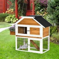 PawHut Conejera de Madera Exterior Jaula para Conejos de 2 Niveles con Techo Asfáltico Corral de Metal Jardinera para Cultivo Bandeja Extraíble Puertas y Rampa 123x58x106 cm Natural(m-10)