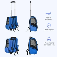 PawHut Transportín Carrito para Mascotas 2 en 1 Mochila de Viaje con 2 Ruedas para Perros Gatos con Asa Retráctil de Aluminio y Bolsillos de Almacenaje 42x25x55 cm Azul(m-7)