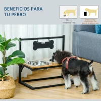 PawHut Comedero para Perros Elevado Altura Ajustable con 2 Cuencos de Acero Inoxidable Alimentador de Agua y Comida para Mascotas 58x32x50 cm Negro y Roble(m-6)