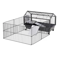 Pawhut Kleintierkäfig mit Freigehege inkl. Zubehör 88 cm x 128,5 cm x 56 cm  4 Rollen Schwarz Metall Polypropylen(m-1)