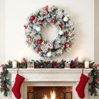 HOMCOM Schneebeflockter Weihnachtskranz 60 cm mit LED-Lichtern (8 Modi), 140 Zweige, 8 Beeren und 15 Dekokugeln, Grün(m-6)