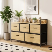 HOMCOM Commode, meuble de rangement avec 5 tiroirs en tissu pliables, plateau et cadre en acier, 98 x 29 x 63 cm, chêne(m-15)