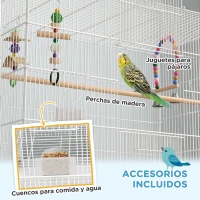 PawHut Jaula para Pájaros con Ruedas Bandeja Extraíble Puertas Comederos Perchas y Estante Inferior 79x49x133 cm Blanco(m-5)