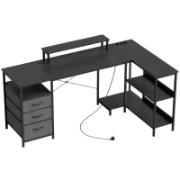 HOMCOM Schreibtisch in L-Form, umkehrbarer Eckschreibtisch mit Schubladen und Regalen, 170 cm, Schwarz(m-1)