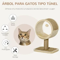 PawHut Árbol para Gatos 40x30x56 cm Ø32cm Torre de Rascado de Gato con Túnel Superior Poste Rascador de Yute Natural Cojín Extraíble y Juguete Colgante Beige(m-4)