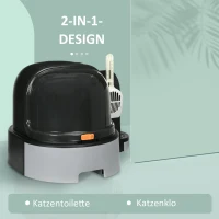 PawHut Kattenbak met 2 uitschuifbare bodemladen, 1 schepje, opvangbak voor strooisel, grijs + zwart(m-4)