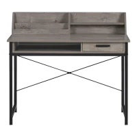 HOMCOM Schreibtisch mit Regal Schublade, Computertisch, Bürotisch, industrieller Stil, MDF, Metall, Grau+Schwarz, 106 x 53 x 95 cm(m-1)