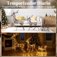 Outsunny Set Navideño de Reno y Trineo con Luces de 3 Piezas de Ratán 240 Luces LED Blanco Cálido 8 Modos y Temporizador(m-6)