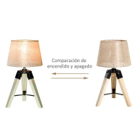 HOMCOM Lámpara de Mesa Moderna y Original con Base Trípode de Madera y Pantalla de Tela Lino 24x24x45cm E27 Máx. 40W Crema(m-4)
