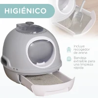 PawHut Caja de Arena para Gatos Arenero Cerrado con Claraboya Abatible Bandeja Extraíble y Pala 47x55x44 cm Gris(m-4)