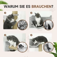 PawHut 5-teiliges wandmontiertes Kletterset für Hauskatzen mit Kratzpfosten, Kratzmatte, Katzenbett, Spielzeugbällen, Hellgrau(m-6)