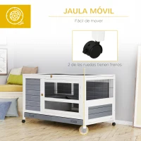 PawHut Conejera de Madera Caseta de Interior para Mascotas Pequeñas 2 Pisos con Ruedas Bandeja Extraíble Rampa 102x60x63,5 cm Gris Blanco(m-7)