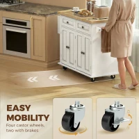HOMCOM Kitchen Island on Wheels, Rolling Kitchen Storage Trolley with Rubber Wood Top, Drawers, Adjustable Shelves, Cream White(m-7)
