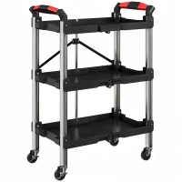 HOMCOM Gereedschapstrolley, Opvouwbare 3-Laagse Gereedschapswagen, Kunststof, Staal, Zwart(m-1)