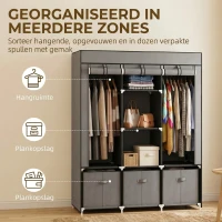 HOMCOM stoffen kledingkast, kledingkast met kledingrekken en laden, opvouwbare kledingkast met ritssluiting, opvouwbare kledingkast voor slaapkamer, niet-geweven stof, donkergrijs, 125 x 43 x 162,5 cm(m-4)