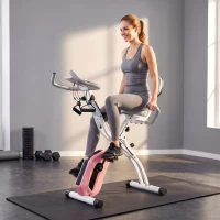 SPORTNOW 4-In-1 Folding Exercise Bike with Resistance Bands, Bluetooth App, 8-Level Magnetic Resistance, LCD Display, Pink(m-14)
